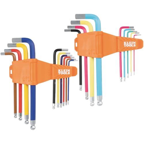 Klein Tools CBLS19 Long Ball-End Hex Key Wrench Set SAE and Metric L-Style Color-Coded Powder-Coat 3/32 to 3/8-Inch and 1.5 to 10 mm 19-Piece