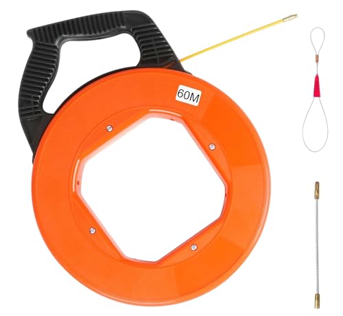 Preisvergleich Produktbild Kabeleinziehhilfe Glasfaser Einziehhilfe für Kabel, Einziehfeder Fiberglas Einziehspirale, 4mm Zugdraht für Leerrohre, Kabeleinziehgerät mit Kunststoffgehäuse und Handgriff (60M)