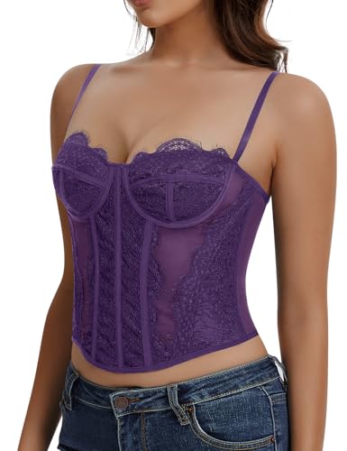 Image of Lace Corset Tops for Women Sexy Going Out Bustier Top Sleeveless Adjustable Straps Crop Tops with Back Hooks