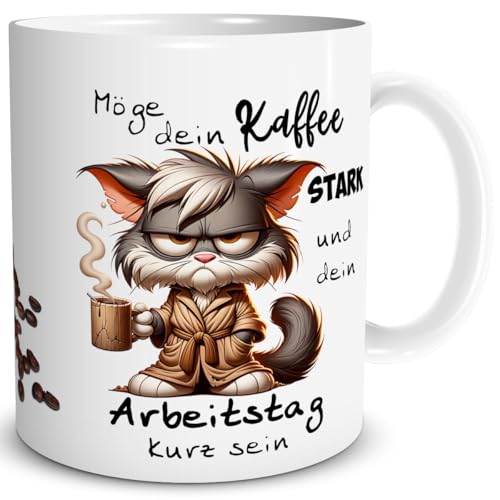 TRIOSK Taza de gato divertido con texto en alemán 'Möge dein Kaffee stark sein Katzenmotiv Sprüche Geschenk für Katzenliebhaber Frauen Männer Kaffeelliebhaber Büro Kollegen Weiß, Keramik 300ml