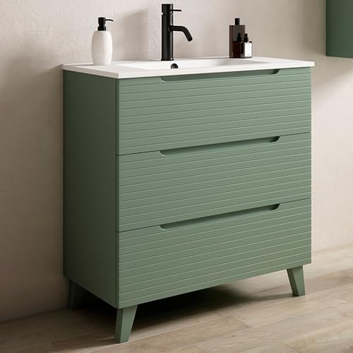 Kibath Mueble de Baño con Lavabo Boreal 80 cm 3 cajones con Patas Acabado Verde Lago Mate Fabricado en Madera