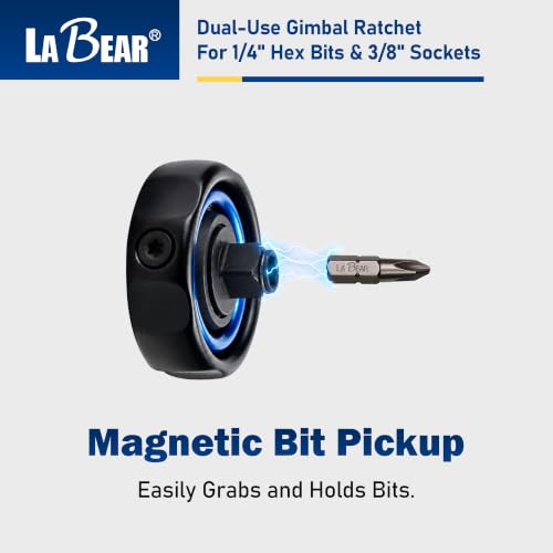 Image of LABEAR 360 Dual-Use Finger Ratchet, 3 /8 inch Drive & 1 /4 inch Hex Bit | Pocket-size control, dual-direction thumb switch, 5 swing arc, S2 steel tips, magnetized fit, compact blue storage holder