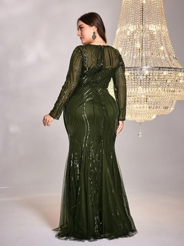 Image of Plus Size Long Sleeve Sequin Evening Dress Glitter Mermaid Long Gown for Mother of The Bride Or Wedding Guest