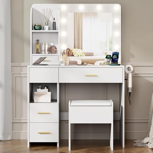 Furnivado Vanity Desk with Mirror and Lights, 3...