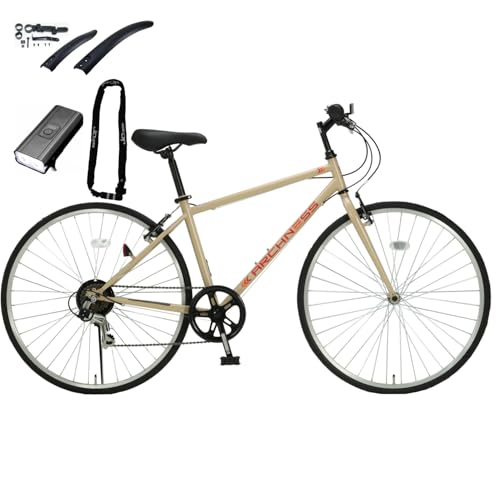 ARCHNESS クロスバイク自転車 シマノ6段変速 27インチ 700X28C 軽量 通勤 通学 街乗り CRB7006R (前後用フェンダー・LEDライト・ワイヤー錠セット, マットサンドベージュ)
