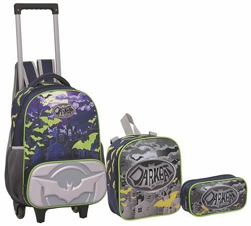 Kit Mochila de Rodinha Estojo Lancheira Escolar Menino Infantil Bat-man (AZUL)