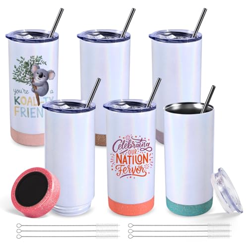 PlanetFlame 6 Pack 17 oz Insulated Sublimation Tumbler, Glitter White