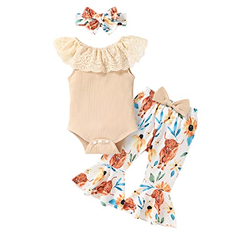 Image of YOUNGER TREE Newborn Infant Baby Girl Clothes Outfits Romper Bodysuit Floral Cow Print Pants Headband 3Pcs Summer Clothes Set