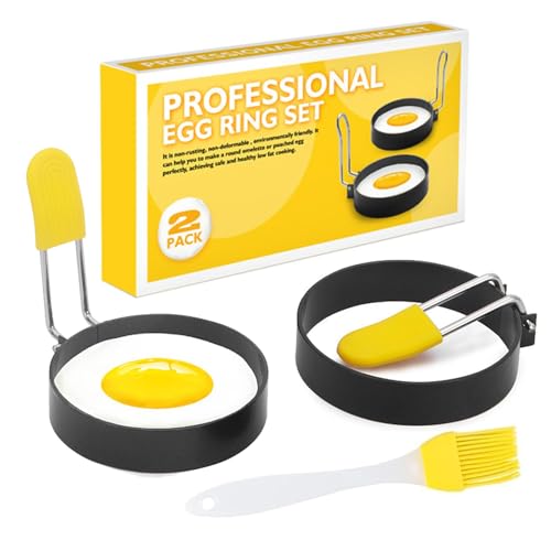 MUYAPAY Anneau à Oeuf,2 Pcs Anneaux D'oeuf Antiadhésifs,Anneaux à œufs en Acier Inoxydable,avec brosse et couvercle en silicone anti-brûlure,pour la...