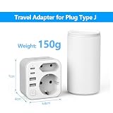 Adapter podróżny JSVER EU na Szwajcarię z 4 Portami USB (2 typu C), Dwukierunkowa Wtyczka Podróżna Szwajcaria, Gniazdo Schuko EU na typ J na Malediwy, Rwandę, Madagaskar i Liechtenstein (Biały)