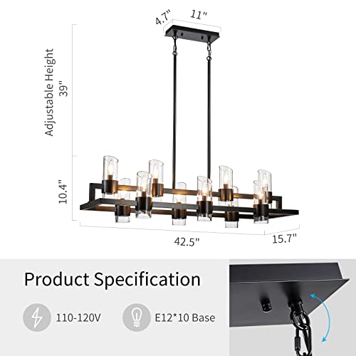 Image of WUZUPS Island Rectangle Chandelier 10-Light with Clear Glass Industrial Modern Farmhouse Linear Light Fixture for Dining Room Kithen Island, Width 42.5 inch Height 10.4 inch, Black