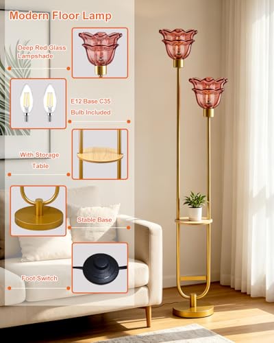 Image of Lightdot Flower Glass Floor Lamp with Table for Living Room 2-Lights Modern Gold Standing Tall Lamps with Pomegranate Red Glass Shade,LED Floor Lamp with Foot Switch for Bedroom (Bulbs Included)