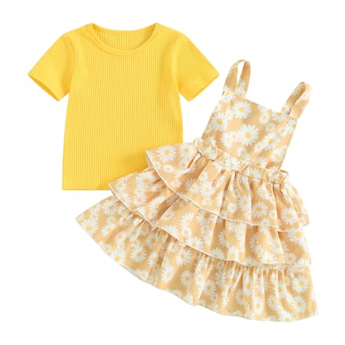 Image of Toddler Baby Girl Summer Clothes Kids Short Sleeve Solid T-Shirt Ruffle Daisy Skirts Overalls Dress Outfit 18M-6T