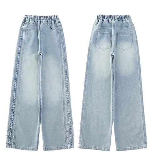NSQFKALLGirls Basic Jeans Elastic High Waist Baggy Straight Leg Denim Pants with Pockets 5 to 16 Years
