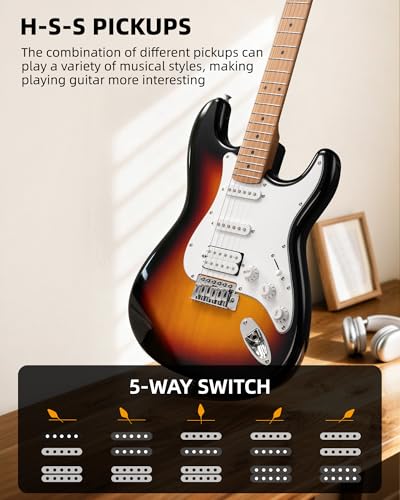 Image of LEKATO Electric Guitar Kit Beginner 39 Inch Full Size Solid Body Guitar HSS for Starter Roasted Maple Neck Fretboard Stainless Steel Frets, 5W Mini Amp, Bag, Tuner, Capo, Strap, String, Picks-Sunburst