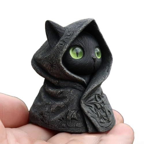 Figura gótica de gato preto com capuz de Halloween, estátua de resina artesanal de 8 cm com olhos de esmeralda atraentes, decoração para decoração de casa, exibição de prateleiras, sala de