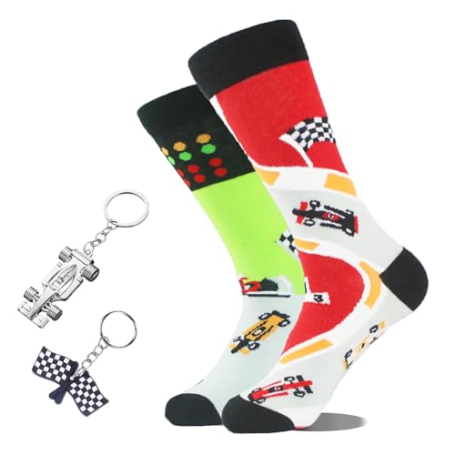 Colours Lustige Socken mit Motiv - Mehrfarbige, Bunte, Rennwagen/Sportwagen Neuheitssocken und 2 Schlüsselanhänger, Geburtstagsgeschenk, Sportgeschenk, Geschenk für Familienfreunde. Herren Socken