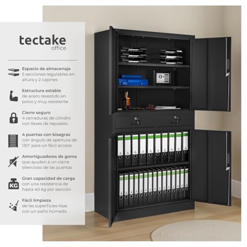 tectake® Armario Archivador Oficina en Acero, Armario Exterior e Interior con Candado Seguridad, Armario Multiusos con 5 Alturas, 4 Puertas, 2 Cajones, 3 Estantes Ajustables, 180x80x40 cm - Negro - imagen 4