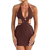 Women's Sexy Halter Hollow Out Knitted Mini Dress Sleeveless Backless Lace Up Bodycon Summer Beach Dress Brown