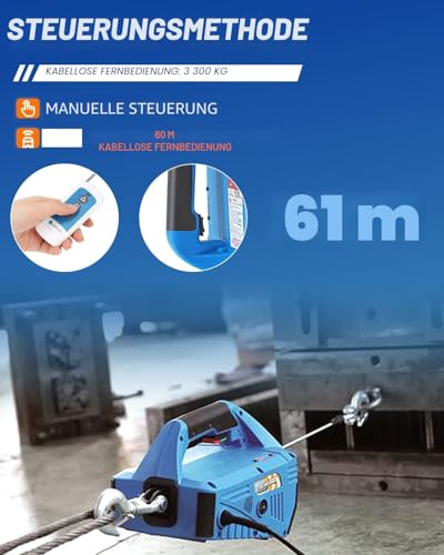 NEWTRY Elektrische Seilwinde 230V mit Kabellose Fernbedienung 300KG Hebezeuge 11,8m Maximale Hubhöhe 1500W Mit Deutscher Anleitung