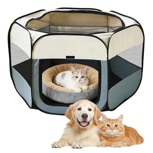 110x110x60cm Faltbar Welpenlaufstall, Tragbarer Laufstall Hund, Hundelaufstall für Wohnung, Hundelaufstall Faltbar Laufstall, für Haustiere, Katzen, Hasen und Kleintiere Sowohl (Beigegrau)
