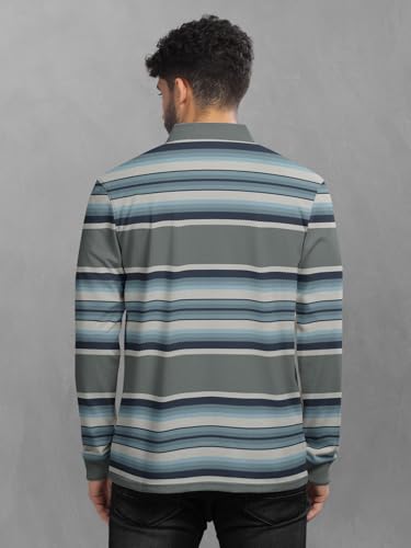 Image of BULLMER Striped Textured Printed Polo Neck Fullsleeve T-Shirt with Rib for Men