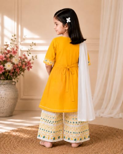 Image of Girls Embroidered Printed Kurta with Printed Palazzo Set, Ethnic Wear, 3-Piece