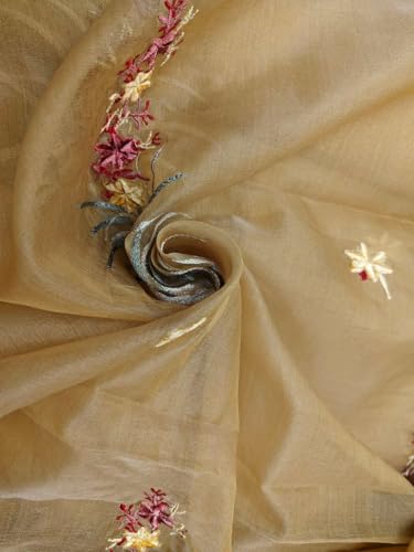 Organza de soie beige brodé au mètre | Tissu floral pour couture 111,8cm