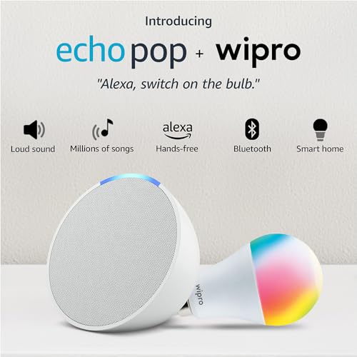 Image of Echo Pop (White) Smart Home combo with Wipro 9W LED Smart Color Bulb