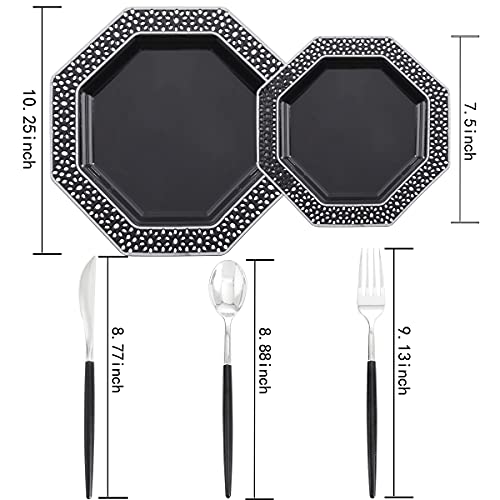 Wellife 150Pcs Black Plastic Plates With Disposable Silverware,Silver Cutlery With Black Handle, Perfect For Party, Includes:30 Dinner Plates, 30 Dessert Plates, 90 Black Cutlery #TOP5