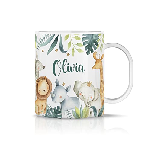 iCaseDesigner Personalised Childrens Mug - Unbreakable Lightweight Polymer - Add Your Own Name - Safari Animals