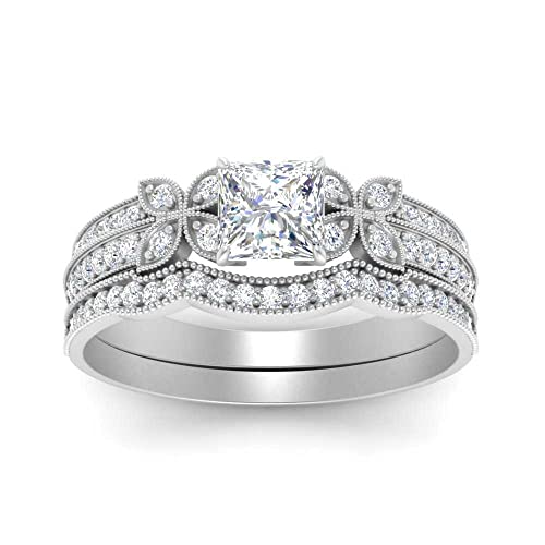 Image of Choose Your Gemstone Milgrain Petal Diamond CZ Wedding Ring Set 925 Sterling Silver Princess Shape Wedding Ring Sets Lightweight Office Wear Everyday Gift Jewelry US Size 4 to 12