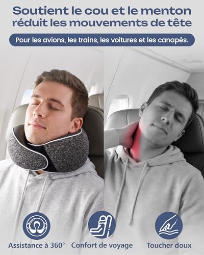 Aosun Coussin de Voyage Avion et Voiture, Oreiller de Voyage Mémoire de Forme, Tour de Cou 4 en 1 avec Masque 3D, Bouchons d’Oreilles et Étui, Coussin Cervical Compact Lavable – Image 2