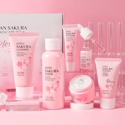 LAIKOU 6 Piezas Skincare Coreano Completo Sakura Skincare Glow Set con Limpiador Facial Tónico Hidratante Suero Crema para Ojos Crema Hidratante y Crema Solar