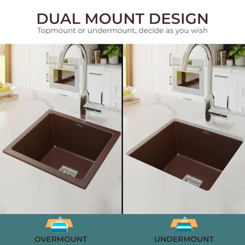 Image of ARQUIN Quartz Kitchen Sink 18x16x9 Inch Brown | Single Bowl Sink | Durable & Scratch-Resistant | Undermount /Topmount Including Coupling, Waste Pipe & Fruit Washing Basket