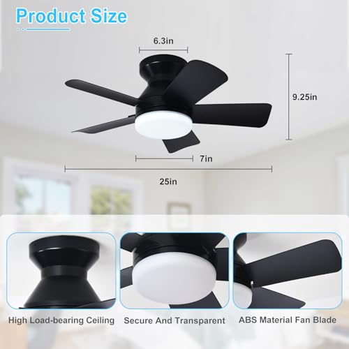 Image of Depuley Modern Ceiling Fan with Light: 25-Inch Black Small Fans for Bedroom Indoor Outdoor - Dimmable Low Profile Ceiling Fans with Remote Control Flush Mount 5 Reversible Black Blades 6 Speeds Timer
