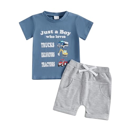 WZTYYDS Toddler Baby Boy Summer Clothes Set Truck Letter Print Crew Neck Short Sleeve T-Shirts Shorts 2Pcs Outfits