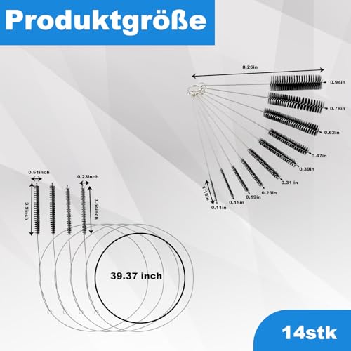 14-teilige Reinigungsbürsten-Set, 100cmStrohhalmbürste Rohrbürste lang aus Edelstahl mit Weichen Nylonborsten, Flaschenbürste Lang,Schlauchbürste für Flaschen, Aquarienrohre,Kühlschrankabläufe, ﻿