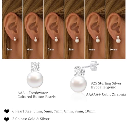 WFYOU Pearl Earrings for Women 925 Sterling Silver Earring 14K Gold Plated Pearls Stud Earrings for Women Trendy White 5 6 7 8 9 10MM Pearl CZ Diamond Hypoallergenic Earring Jewelry Gift4