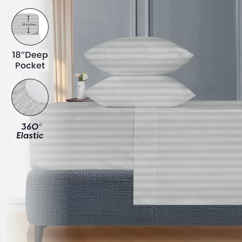 Image of SGI 80 inchx98 inch 4 Pc Texas King Sheet Set 600 TC 18 inch Deep, Light Gray Stripe