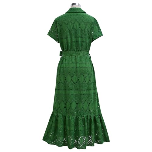 Image of CHICWISH Women Embroidered Eyelet Frilling Midi Dress Cotton V Neck Button Short Sleeve Flowy Summer Green Dress with Belt