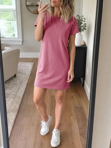 Image of Ladiyo Women T Shirt Dress Summer Fashion Mini Dress Crew Neck Short Sleeve Dress Solid Color Casual Dress with Pocket