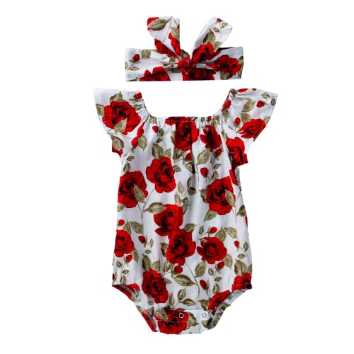 Image of Winmany Newborn Baby Floral Romper Ruffle Sleeveless Infant Girl Summer Cotton Onesies Jumpsuit Bodysuit + Bowknot Headband