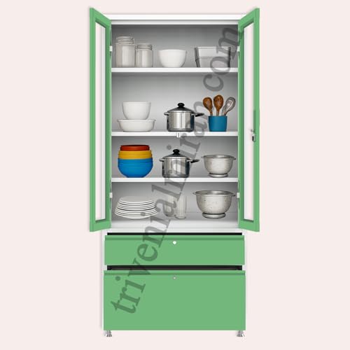 Image of Triveni Almirah Annapurna-5 Steel Wardrobe for Kitchen & Home Use | 10 Year Guarantee on Paint & Locks | 2-Door Glass Almirah with 2 Drawers | Separate Locks for Doors & Drawers | Powder-Coated Finish