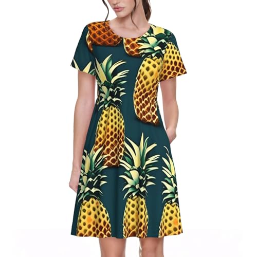 Robe d'été rétro ananas en coupe midi fluide avec manches courtes légères