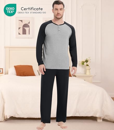 Image of NACHILA Mens Pajamas Set Viscose Made from Bamboo Henley Top Sleep Pants
