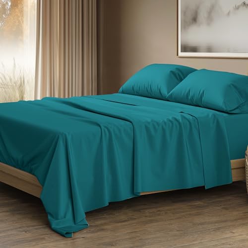 Image of THREAD SPREAD 100% Egyptian Cotton Sheets California King Size - 1500 Series Cal King Sheets Egyptian Cotton (4 PC, Teal), Silky Soft, Sateen Weave, Cooling & Breathable, 17 inch Deep Pocket Bed Set