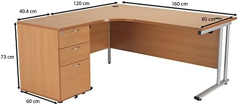 Office Hippo Heavy Duty Left Corner Radial Office Desk With 3 Drawer Desk High Storage, Home Office Desk, Filing, PC Desk For Office or Home, 5 Yr Wty, MFC -Beech,Silver Desk Frame, 160cm x 160.4cm