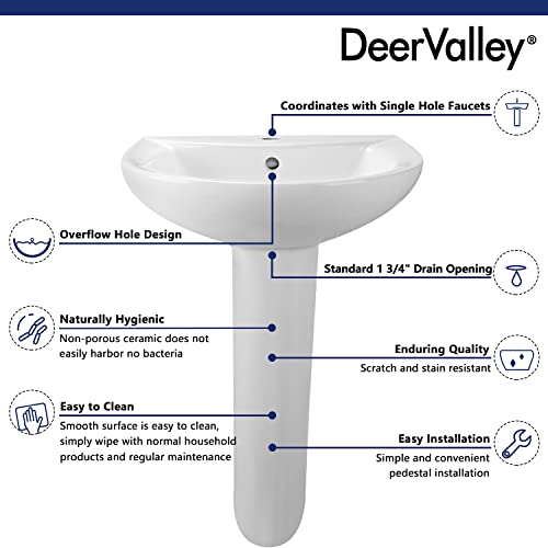 Deervalley Dv-1P523 Compact White Ceramic Pedestal Sink, 20" X 17" Inch Pedestal Bathroom Sink With Overflow And Pre-Drilled Single Hole #TOP4