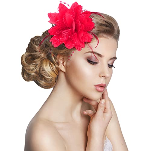 Genenic Fascinators Hats For Women, Feather Hair Clip Headband Derby Hat With Flower Mesh Veil For Women Tea Party And Wedding (Rose Red) #TOP5